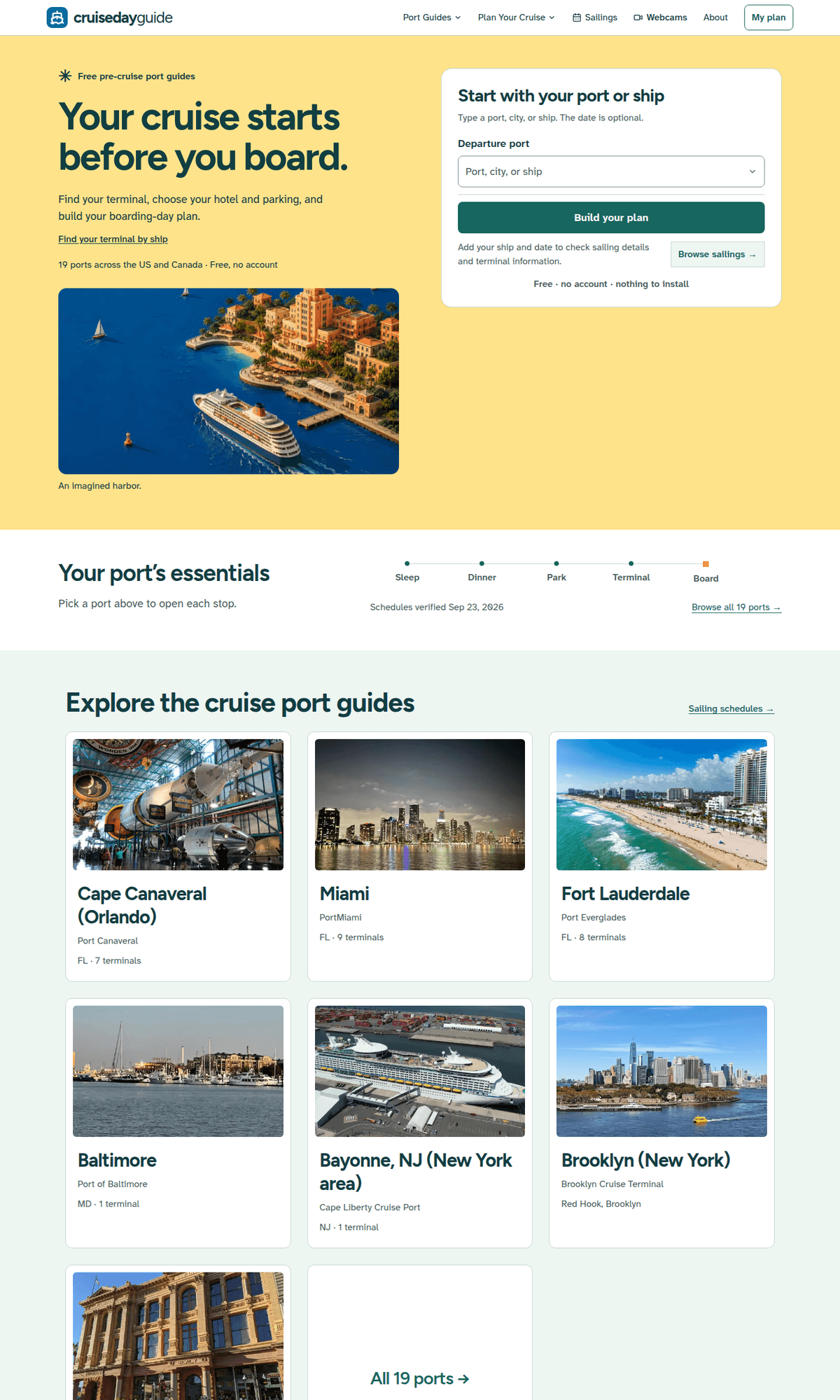 CruiseDayGuide homepage: "Your cruise starts before you board" with a port search box, followed by photo cards for each cruise port guide.