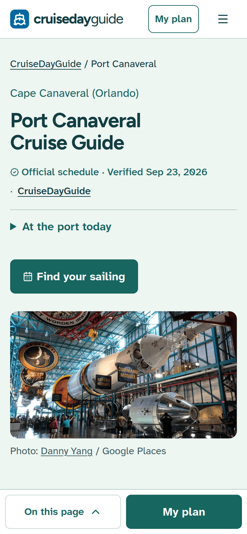 CruiseDayGuide on a phone: the Port Canaveral Cruise Guide with a Find your sailing button.