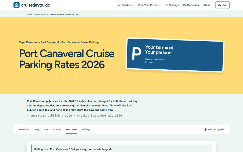 Port Canaveral Cruise Parking Rates 2026 page on a yellow banner with a parking sign graphic.