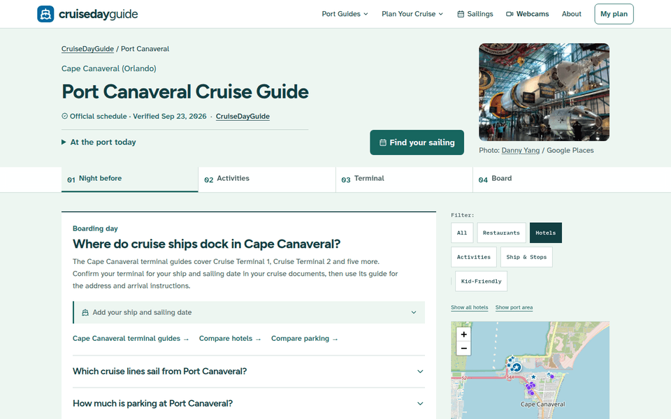 Port Canaveral Cruise Guide page with a verified schedule badge and tabs for Night before, Activities, Terminal, and Board.