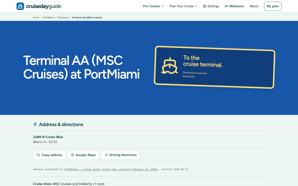 Terminal AA (MSC Cruises) at PortMiami page with address and directions buttons.
