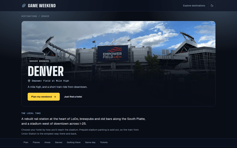 Denver weekend guide with Empower Field at Mile High under a blue sky.