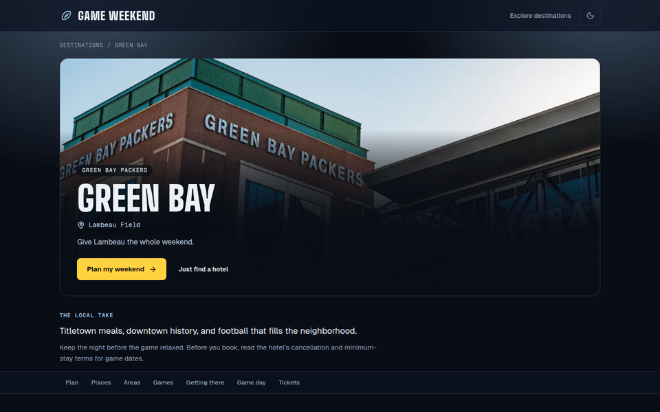 Green Bay weekend guide with the Lambeau Field facade.