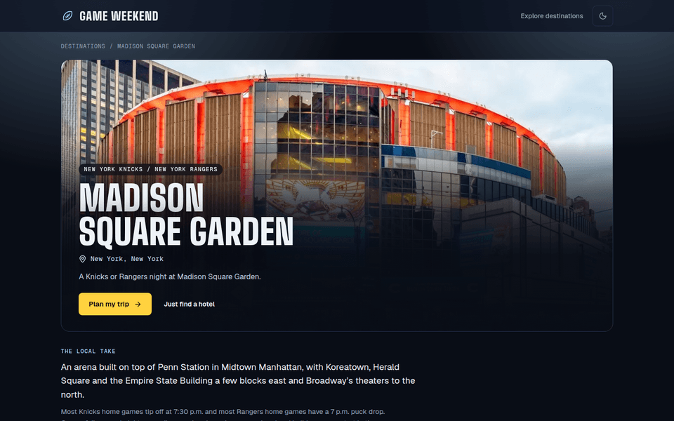 Madison Square Garden weekend guide with the arena lit up at night.